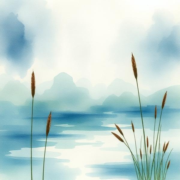 Watercolor of distant rain over a still pond with reeds.