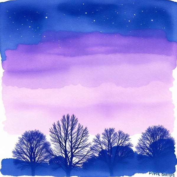 Watercolor of lavender twilight over silhouetted trees.