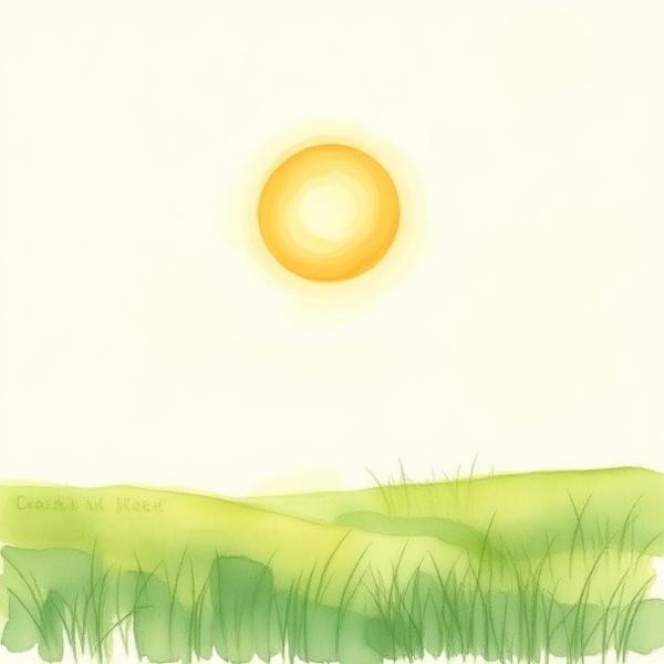 Watercolor of a gentle midday sun above a green meadow.