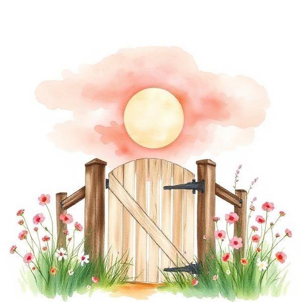Watercolor of a pink sunrise over a garden gate.