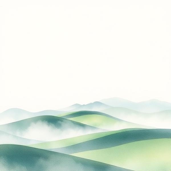 Watercolor of pale fog drifting over rolling hills.