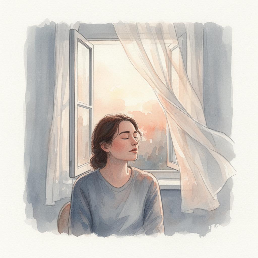 Watercolour illustration of a woman exhaling by an open window at first light