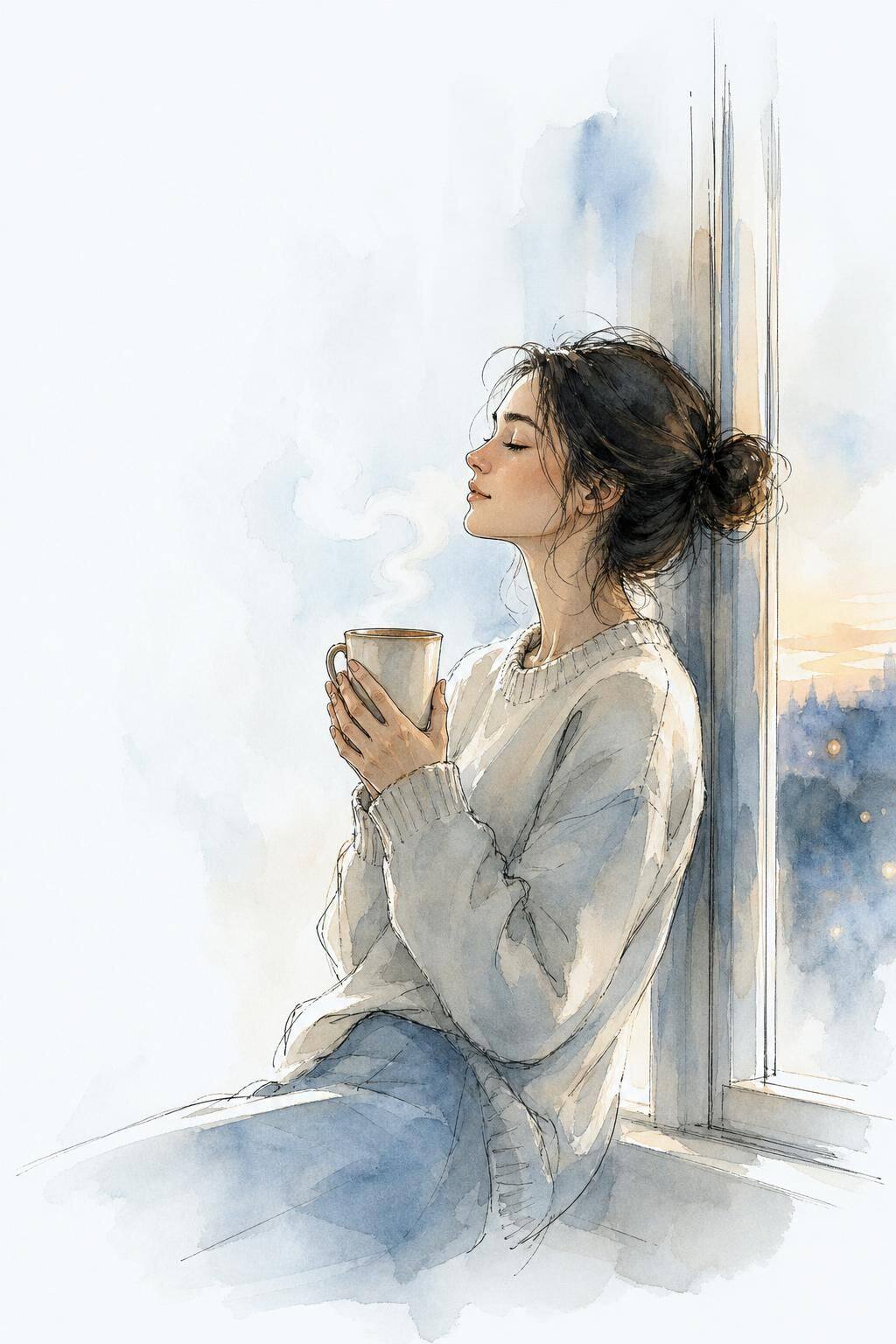 Watercolour of a person resting in a quiet garden at dusk
