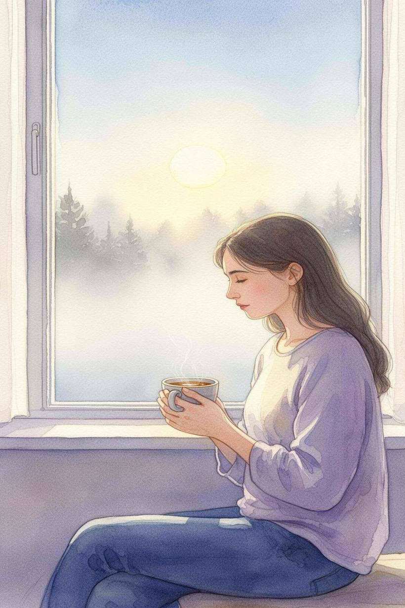 Watercolour of a woman by a window at dawn, fog lifting, holding a warm cup