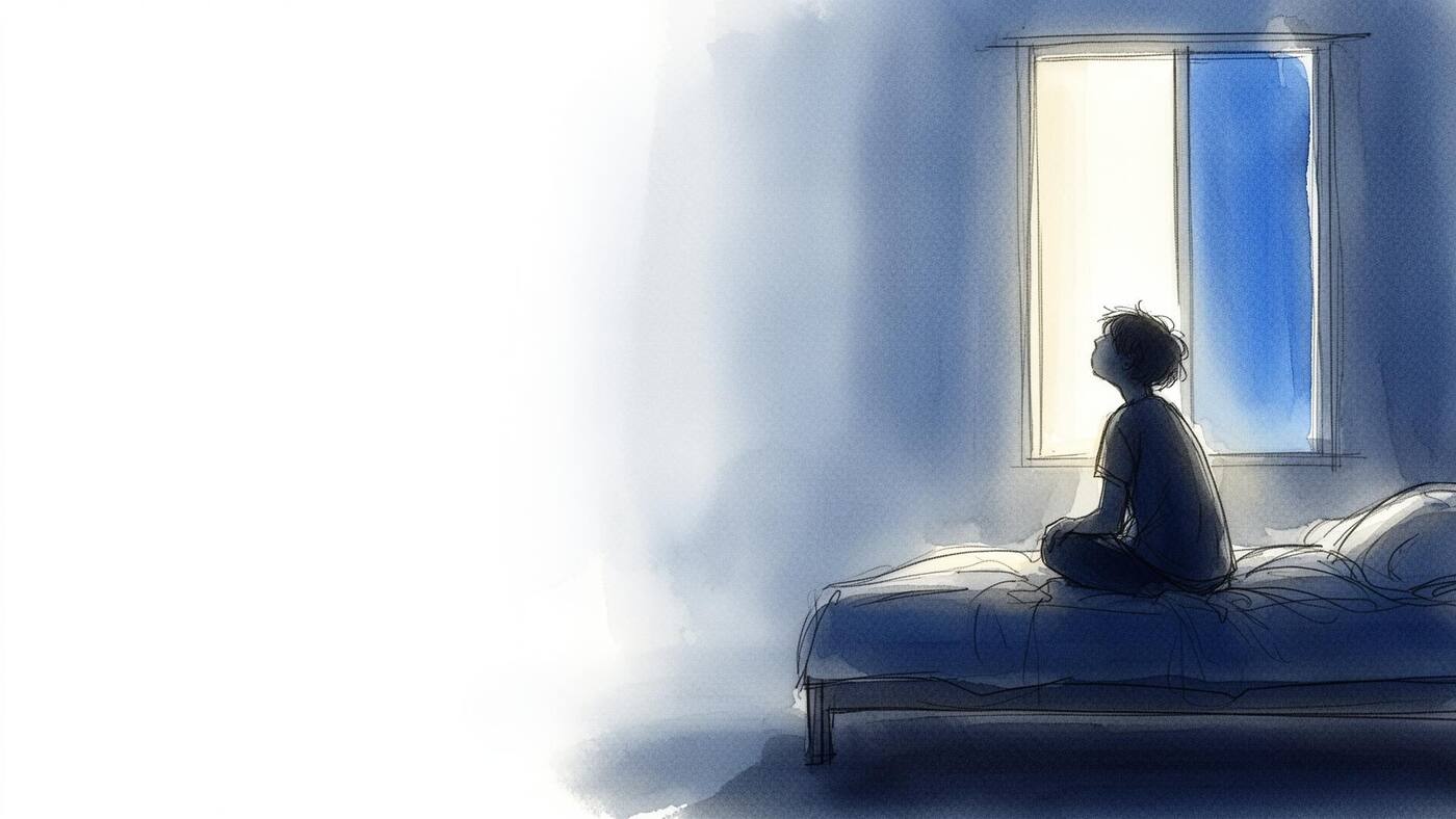 Soft watercolor illustration of a person at a window at dusk — a quiet moment of pause.