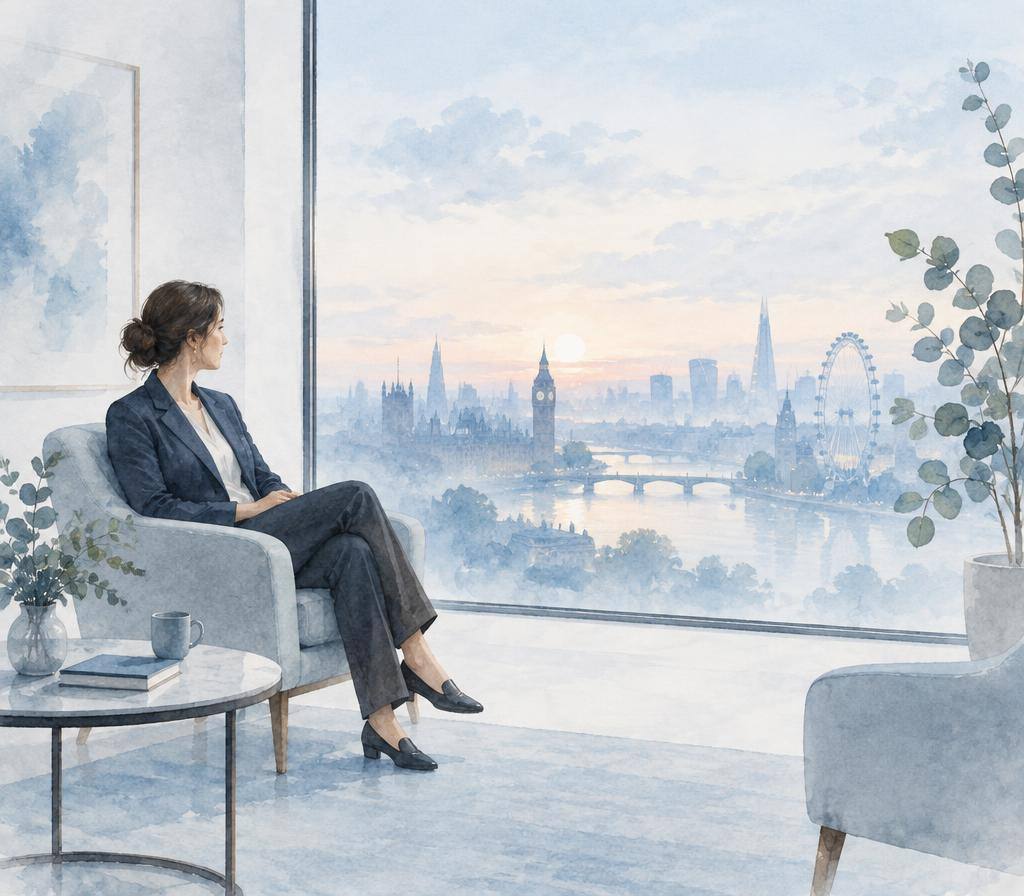 Professional sitting calmly by a window overlooking London