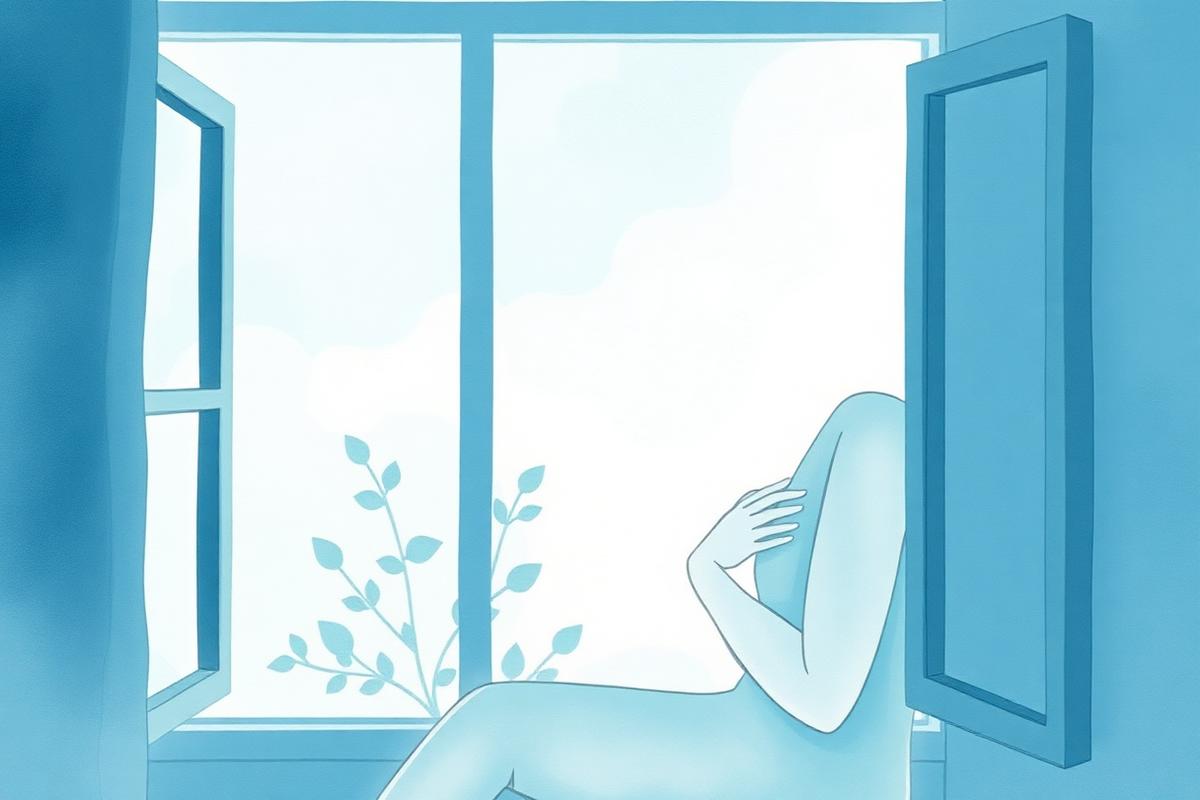 Watercolour illustration of a person sitting by an open window with a hand resting calmly on their chest
