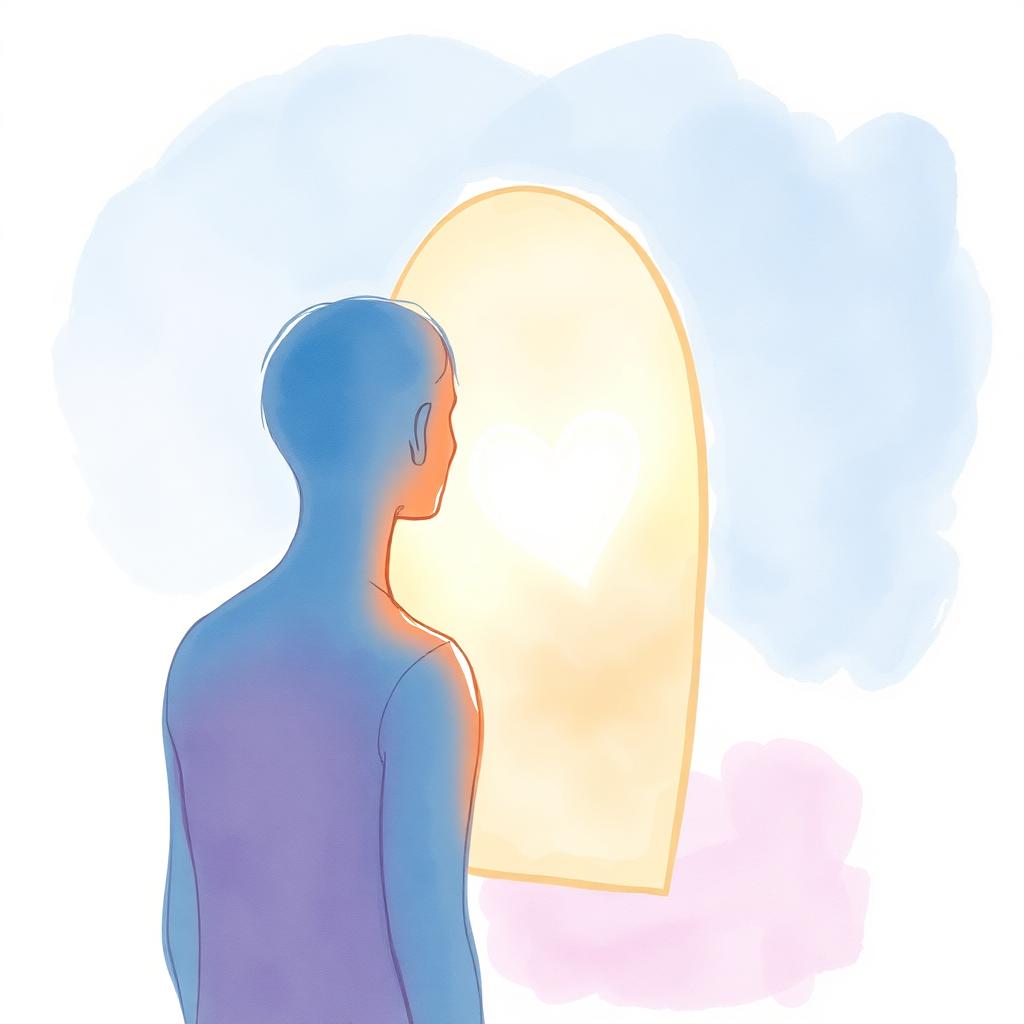 Watercolour of a person with hand on heart at sunrise