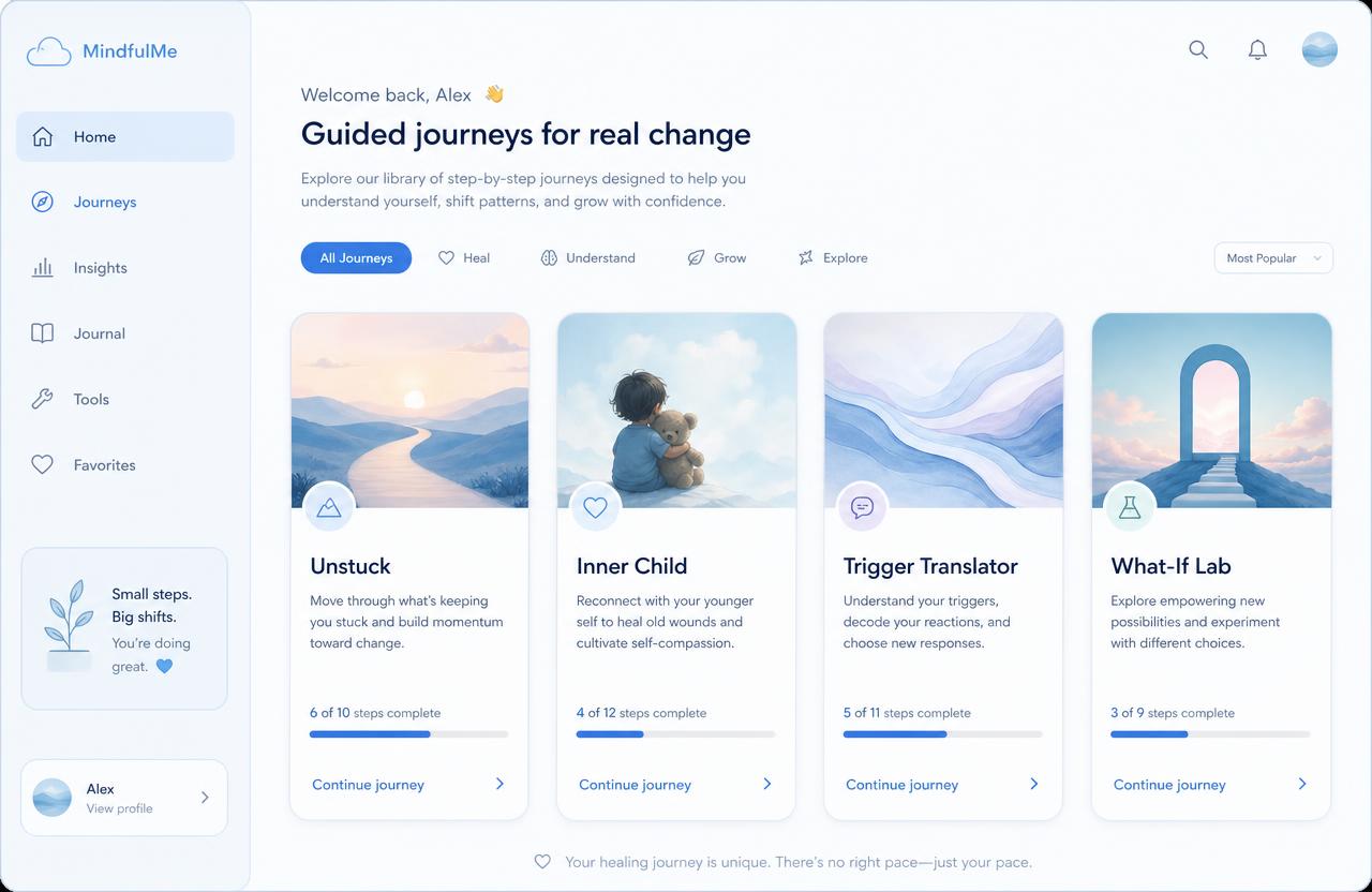 MySafeTherapy app screen showing guided self-help journeys Unstuck, Inner Child, Trigger Translator and What-If Lab with progress bars