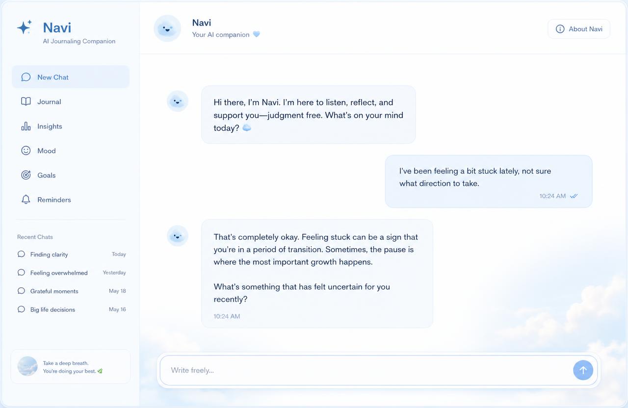 MySafeTherapy app screen showing AI journaling conversation with Navi, the reflective journaling companion