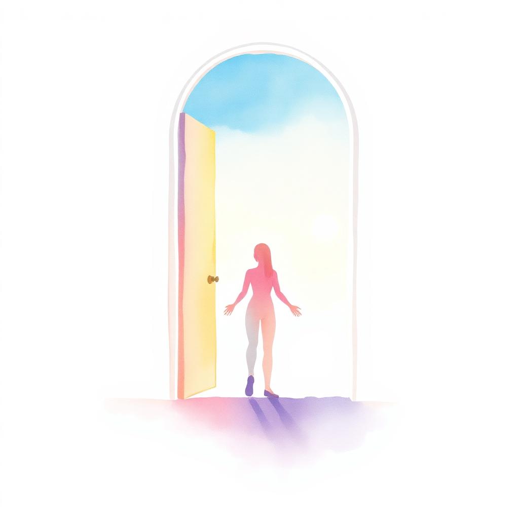 Watercolour of a person at a threshold, first light on the horizon