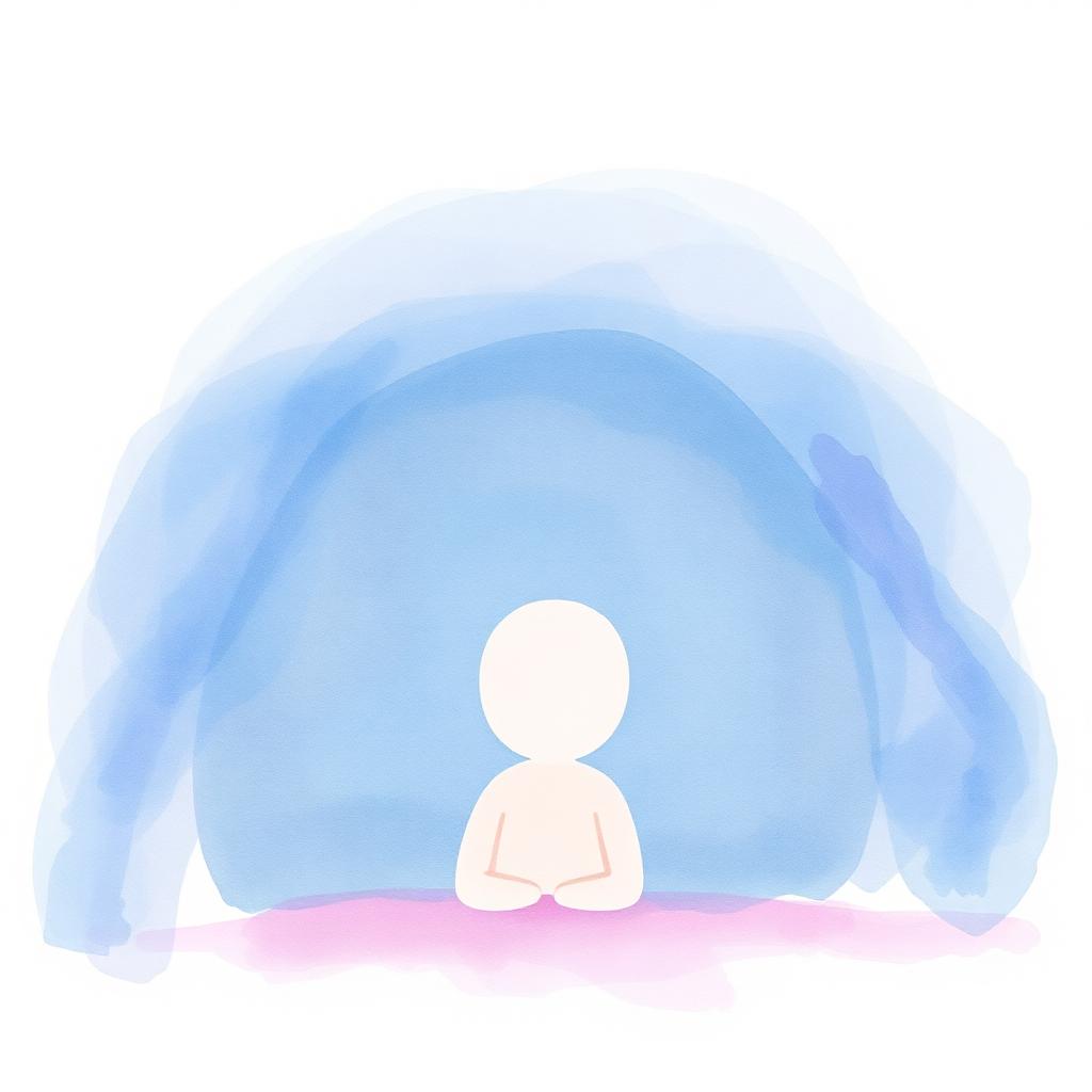 Soft watercolour of a person resting in a safe, quiet room