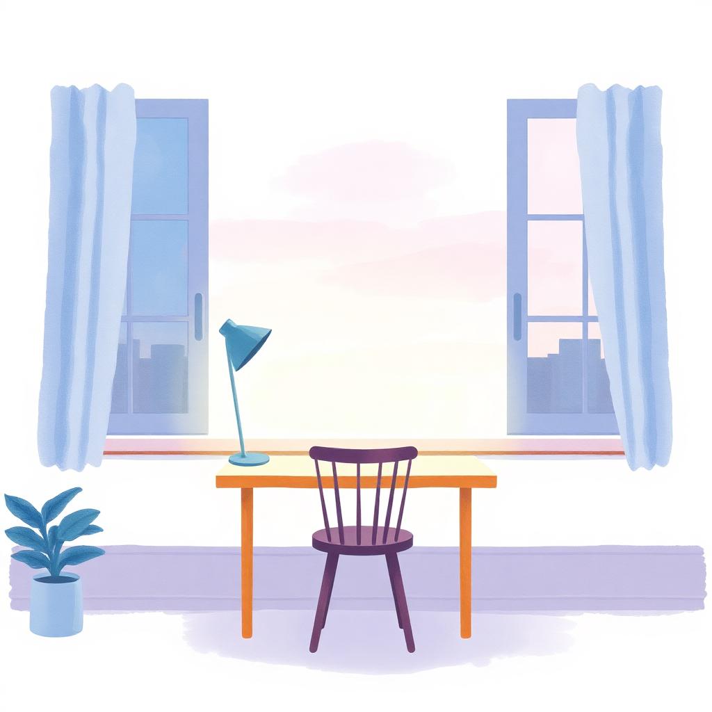 Watercolour of a person stepping away from a desk toward soft light